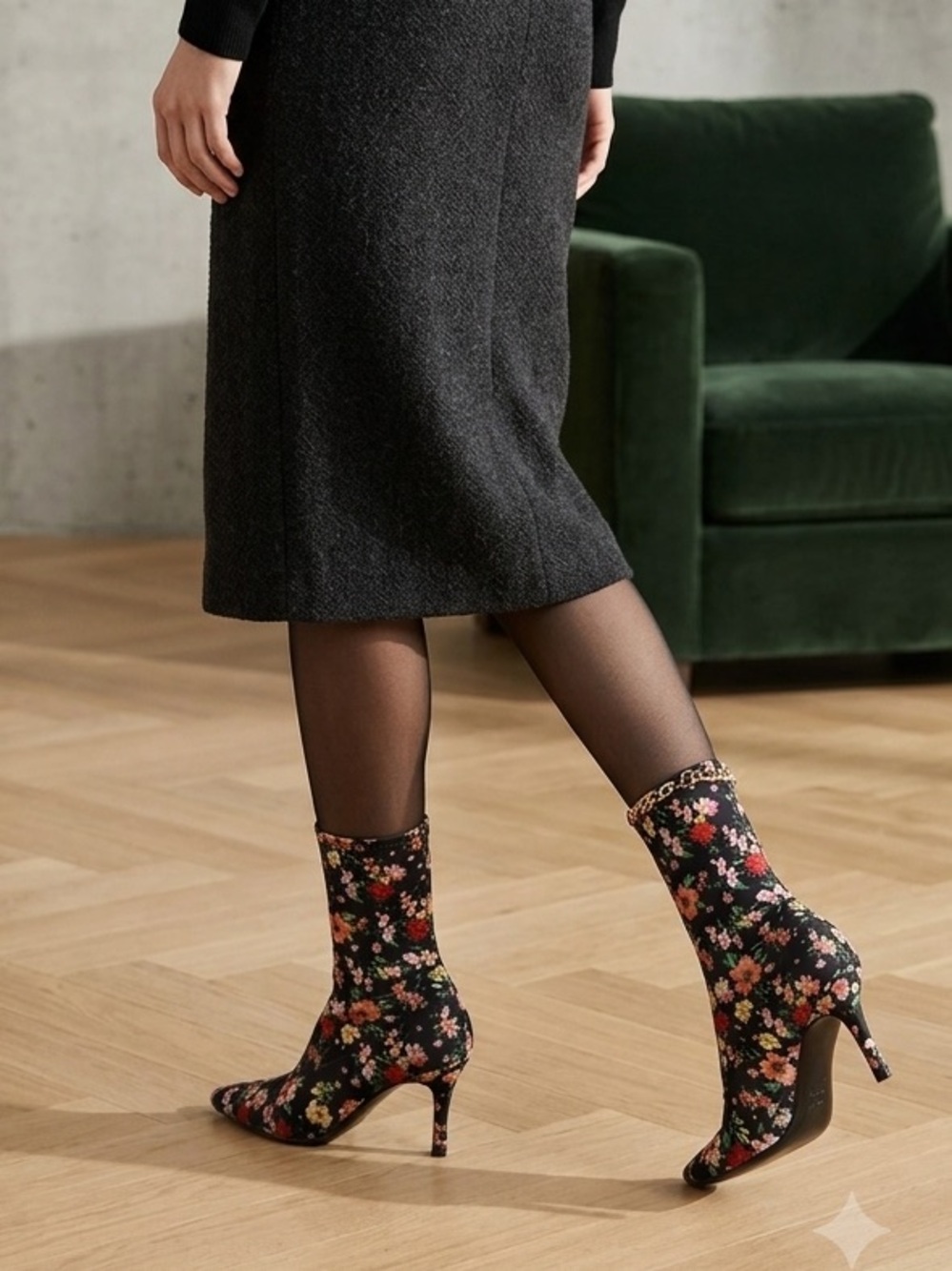 Steve Madden Black Floral Sock Booties with Chain Accent